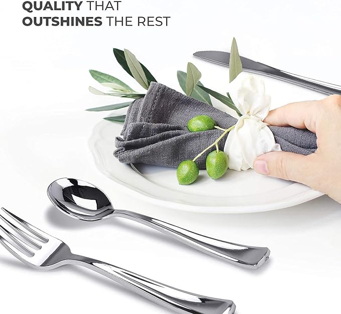 Silver Plastic Cutlery Set 300 Pack Disposable Silverware Heavy Duty Plastic 100 Forks, 100 Knives, 100 Spoons for Catering Events, Parties, Dinners, Weddings, Everyday Use, Stock Your Home