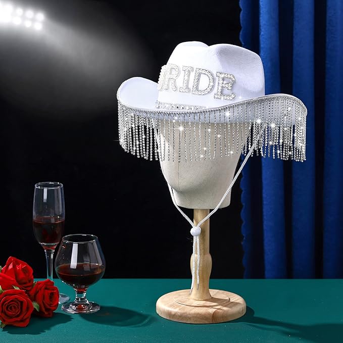 Patelai 2 Pcs Bride Hat Cowgirl Bachelorette Party Cowboy Hat with Rhinestone Tassels Sash Bride to Be Gift Bridal Wedding(Strip Rhinestone Fringe)