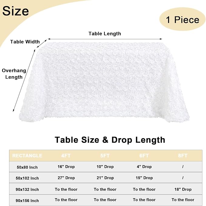 Fanqisi White Table Cloths Rosette Satin Table Cover 90x156 Inches for Baby Shower Wedding Boys Birthday Party Rectangle Table Decoration