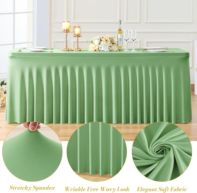 gogoparti 2 Pack Spandex Sage Green Fitted Table Cloth for 6ft Rectangle Tables Sage Green Stretch Tablecloth Table Covers Skirt Banquet Wrinkle Free Tablecloths for Parties Wedding
