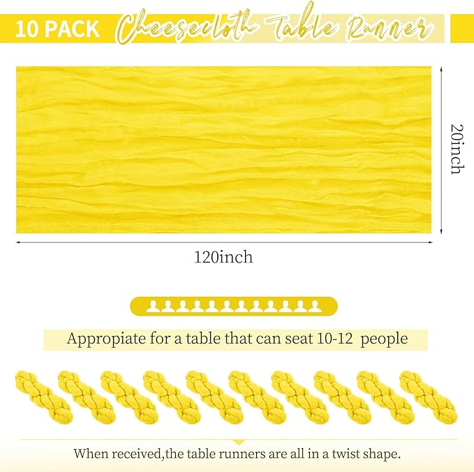 10 Pack Yellow Table Runner 10Ft Cheesecloth Table Runner Boho Gauze Table Runners Romantic Long Sheer Fabric Cheese Cloth Table Runners for Wedding Party Bridal Shower(Yellow)