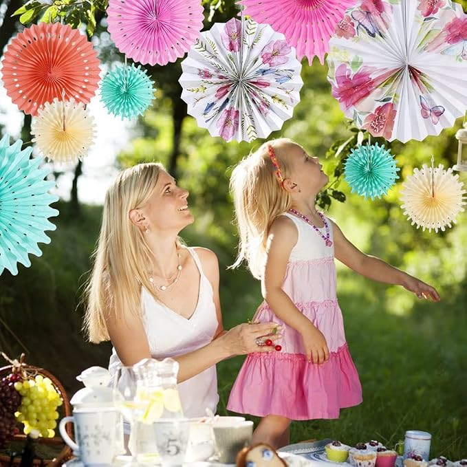 SUNBEAUTY Pack of 10 Paper Fans Decorations for Tea Party, Birthday, Baby Shower, Wedding, Spring; Paper Floral Backdrop Decor; Mint Green, Pink, White