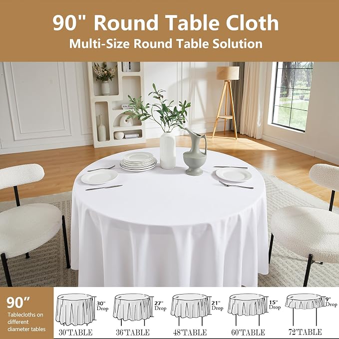 White Round Tablecloths 6-Pack, 90 Inches in Diameter | Reusable & Washable Table Cloths for 30-72 Inch Round Tables, Polyester Fabric Tablecloth for Wedding, Party, Banquet