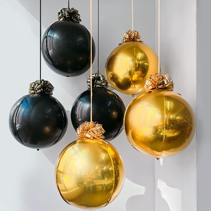 6 Pack Black and Gold Balloons, 22 Inch 4D Metallic Orb Hanging Balloons with 12 Pull Ribbon Bows, Ceiling Party Decorations for Birthday, Graduation 2026, Men’s Birthday and Old Money Party Decor