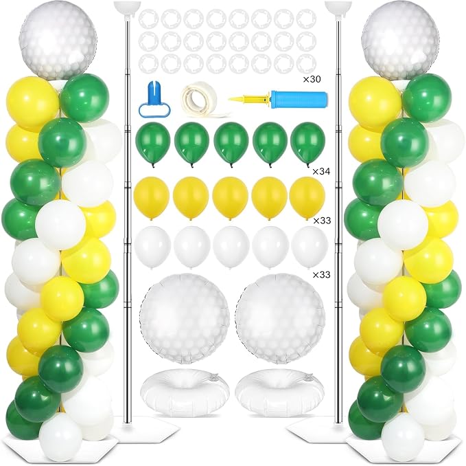 2 Sets Golf Balloon Column Stand Kit with 102 Balloons Sport Themed 5.57ft Adjustable Balloon Tower Stand with Bases Ball Balloon Arch Kit Column for Golf Party Decortions Retirement Birthday Supplies