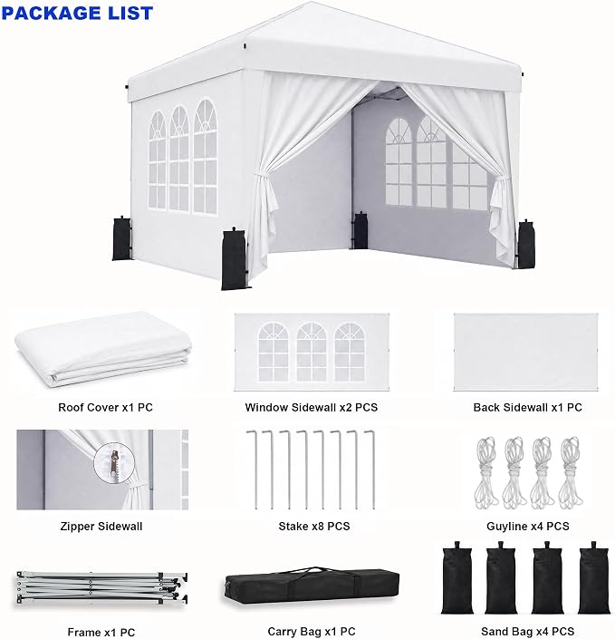 SANWAY 10x10 Pop Up Canopy with Sidewalls, Easy Setup Instant Canopy Tent, Portable with Carry Bag for Outdoor Events, Camping, and Backyard Parties – White
