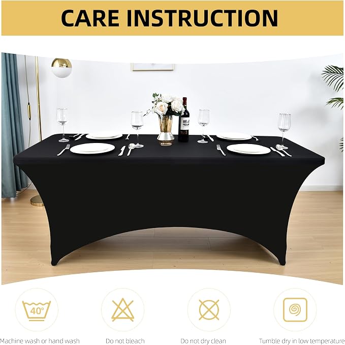 2-Pack 8ft Black Spandex Table Covers for Rectangle Folding Tables - Washable Elastic Tablecloth - Ultimate Fitted Table Protector for Birthday Parties, Trade Shows, Banquet