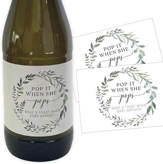 Pop It When She Pops Mini Bottle Stickers | 12 Count | 2”x 3” Size | Mini Bottle Labels | Baby Shower Party Favors | White with Greenery Wreath Design