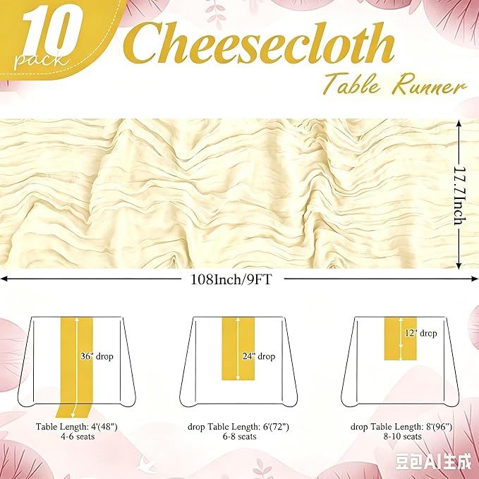 10 Pack Ivory Cheesecloth Table Runner 17"x108" Boho Gauze Fabric Table Runner Vintage Rustic Sheer Runners for Wedding Party Bridal Baby Shower Table Decorations