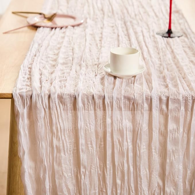 White Spring Table Runner Boho Cheesecloth Table Runner 120 inches Crinkled Gauze Sheer Mother's Day Table Centerpieces for Wedding Ceremony Anniversary Bridal Baby Shower Banquet