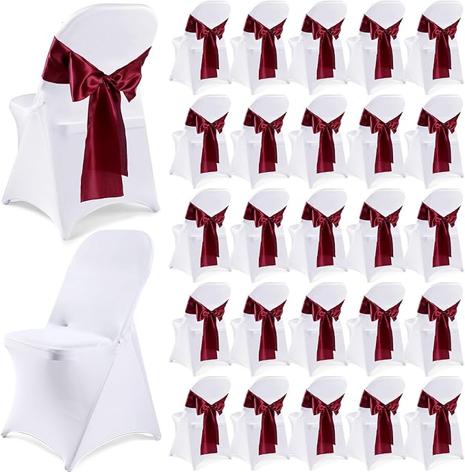 Lounsweer 50 Pcs Folding Chair Cover Set with 25 Stretch Spandex Slipcovers 25 Satin Chair Sashes Bows Ribbon Washable Banquet Protector for Wedding Event Party(White, Wine Red)