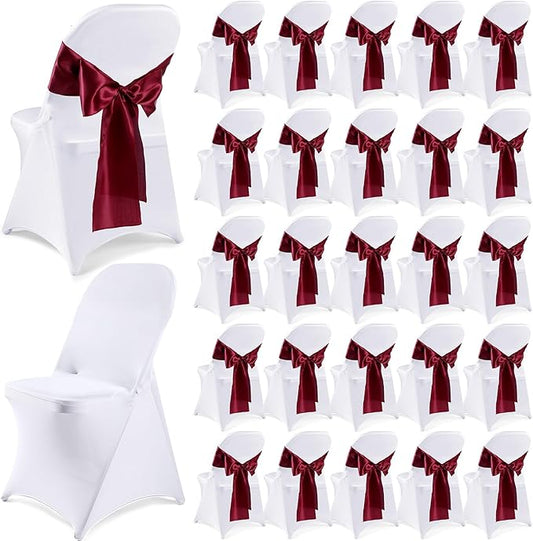 Lounsweer 50 Pcs Folding Chair Cover Set with 25 Stretch Spandex Slipcovers 25 Satin Chair Sashes Bows Ribbon Washable Banquet Protector for Wedding Event Party(White, Wine Red)