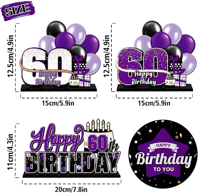 LINGTEER Happy 60th Birthday Purple Acrylic Table Topper Centerpieces Set - Cheers to Sixty Years Old Birthday 60th Bday Party Gift Decorations.