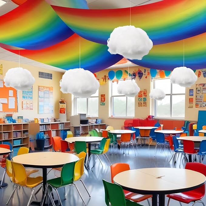 9 Pcs Rainbow Party Ceiling Decorations Kit Include 12 x 2 ft Rainbow Fluorescent Light Covers 6 Packs 3D Cloud Props Hanging Decor for Classroom Birthday Nursery Daycare Decor