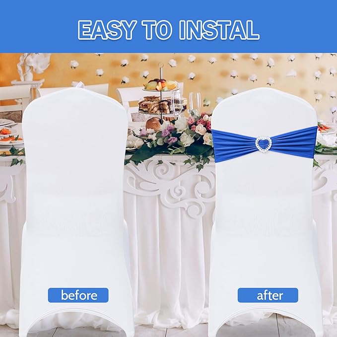 Howhic Pack of 30 Spandex Chair Sashes Bows Stretch Chair Cover Band with Buckle Slider Universal Elastic Chair Ties for Wedding Banquet Party Event Decoration (Royal Blue)