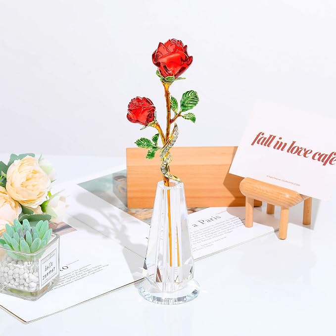 YWHL Handmade Red Rose Flower Crystal Figurine with Vase, Bouquet Glass Flowers Ornament Rose Gifts for Wife Girlfriend Women, Crystal Flower Home Table Decor for Anniversary Wedding