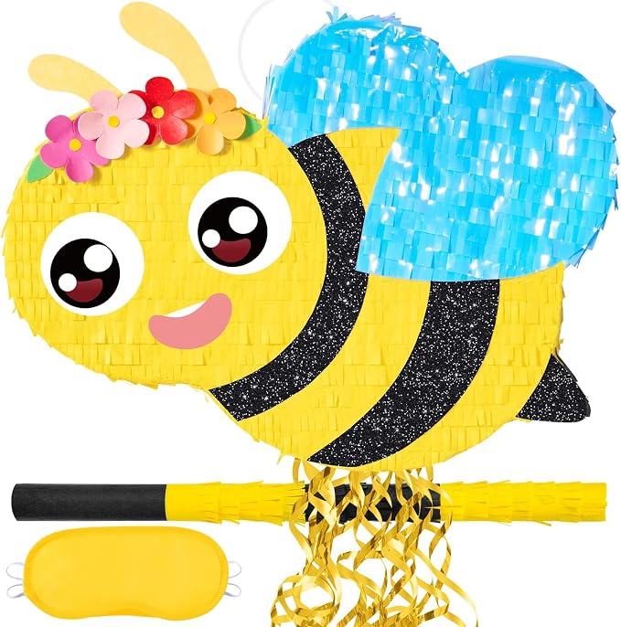 WERNNSAI Bee Piñata - Happy First Bee Day Decorations Cute Piñata with Blindfold and Bat for Kids Birthday Classroom Garden Party Game Supplies Baby Shower Spring theme Party Decorations