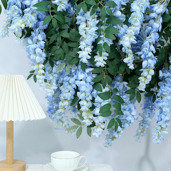 1pc/2pcs Encrypted Flower Vine Wisteria Artificial Flowers Garland,White Wisteria Hanging Flowers Flower Garland Decorations for Home Garden Outdoor Ceremony Wedding Arch Decoration (Blue, 1pc)