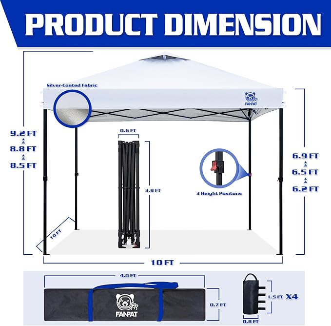 FANPAT 10x10 Pop Up Canopy Tent,300D Silver-Coating Top,1-Person Setup Commercial Heavy Duty Canopy Tent Instant Portable Shelter and Carry Bag, with 8 Stakes and 4 Weights (White)
