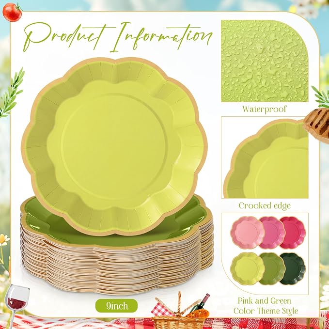 72 Pcs Pink and Green Paper Plates 9 Inch Pink and Green Guava Gradient Scalloped Paper Disposable Dinner Dessert Plates for Summer Birthday Wedding Bridal Party Supplies, 6 Colors