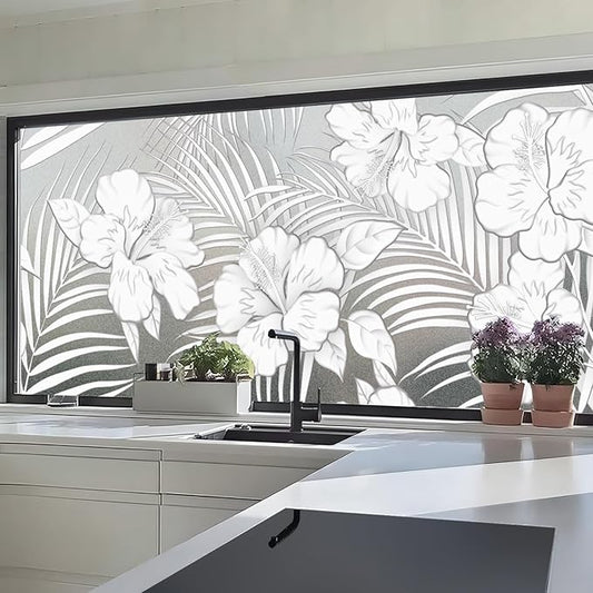 Faux 3D Frosted Tropical Window Privacy Film for Glass Door and Window, 29.53"x68.90" 3D-Hibiscus