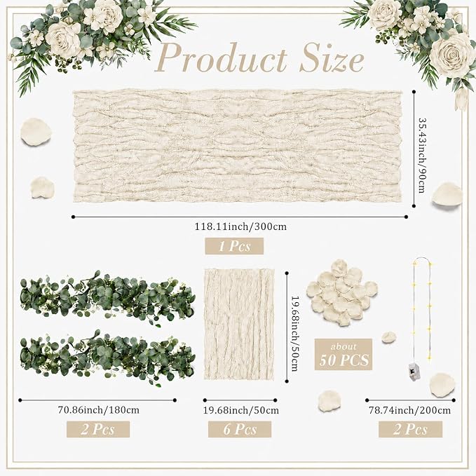 Cinrobiye 11PCS Boho Cheesecloth Table Runner Set with Rose Petals, 120'' Gauze Table Runner, Wrinkled Napkins, Eucalyptus Garland and String Lights for Wedding Baby Shower Tea Party Decorations