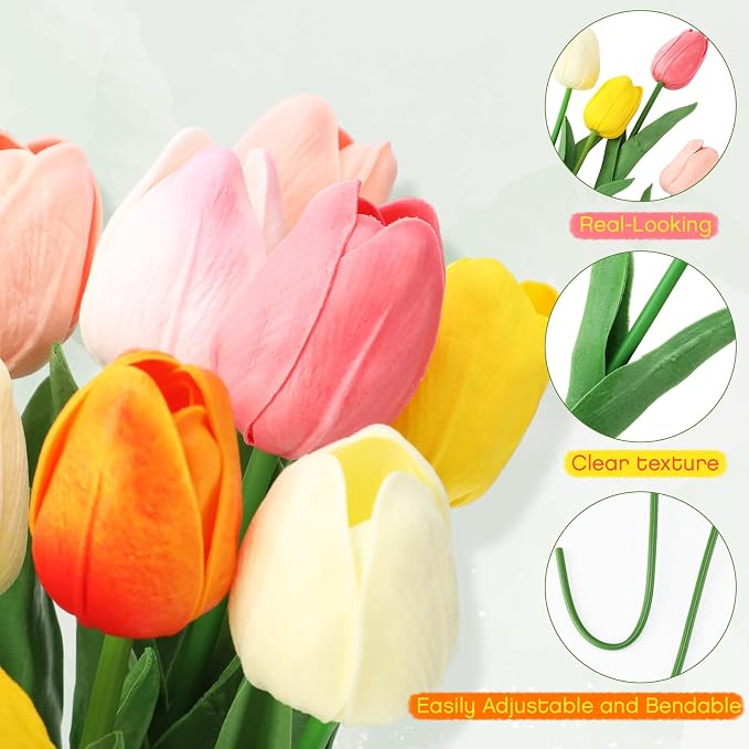 24 Pack 6 Colors 5 ft Artificial Tulips Hanging Flower Garland Decorations Spring Summer Dangling Faux Tulip Floral Vine Strings with Hooks for Wall Ceiling Wedding Tea Party
