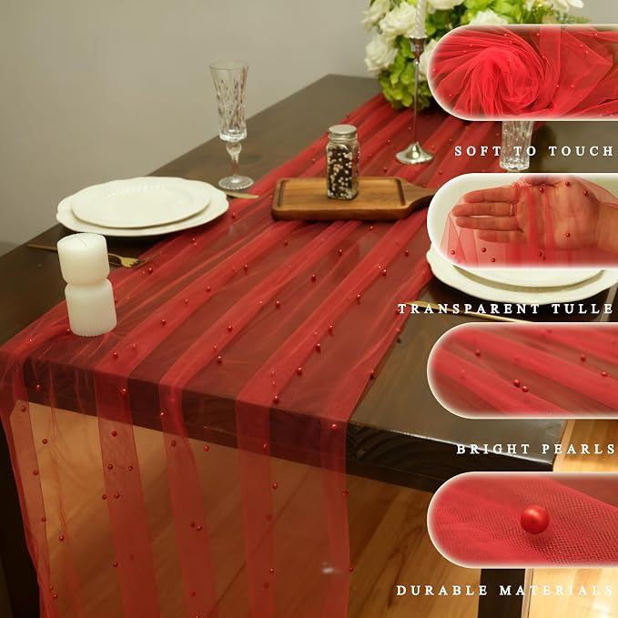 Set of 6 Pearl Table Runner 10ft, 29 * 120 Inch RED Table Cloth Pearl Sheer Tulle Table Cover,Pearl Table Runner for Wedding Party Baby Shower Birthday Home Decor