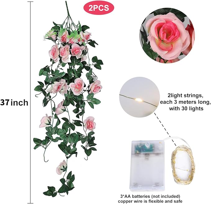 RECUTMS Artificia Hanging Rose Flower Plants, 2 PCS 37 Inches Light Pink Fake Floral Ivy Garland with 30 LED Fairy String Lights for Home Garden Wedding Bridal Shower Derby Party Indoor Outdoor Decor