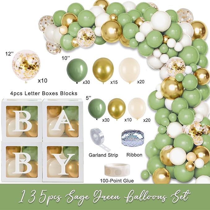 140PCS Let The Adventure Begin Baby Shower Decorations, Woodland Mountain Baby Shower Supplies, Sage Green Balloon Garland Kit, BABY Boxes, Backdrop Banner