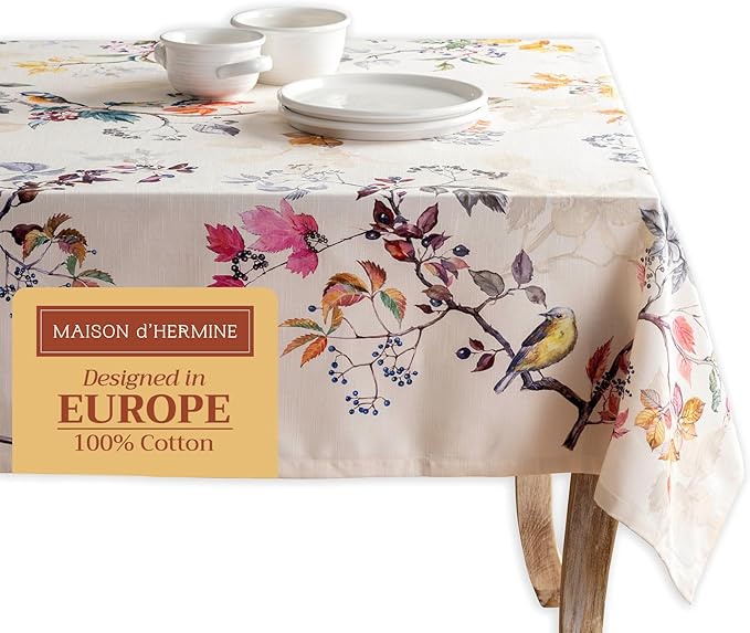 Maison d' Hermine Table Cloth Rectangle Table 100% Cotton 70 x 140 Inches Fall Tablecloth Reusable Everyday Use for Thanksgiving Christmas Decorations Dining Farmhouse Party (Equinoxe - Beige)