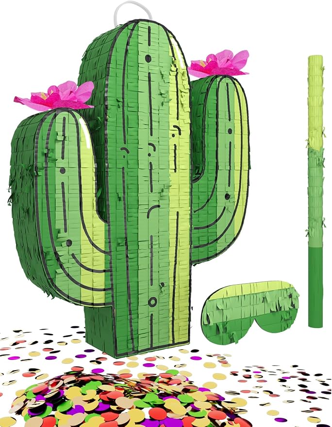 Cactus Piñata for Cinco de Mayo, Mexican Party Decorations, and Fiesta – Fun Hanging Piñata with Blindfold, Stick & Confetti, Perfect for Birthday & Fiesta Celebrations (16"x12"x3")