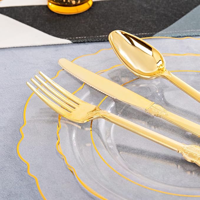 YOUBET 125PCS Gold Plastic Plates - Clear Gold Disposable Plates - 25 Guests Baroque Plastic Dinnerware Includes 25Dinner Plates, 25Dessert Plate, 75Silverware for Party & Wedding
