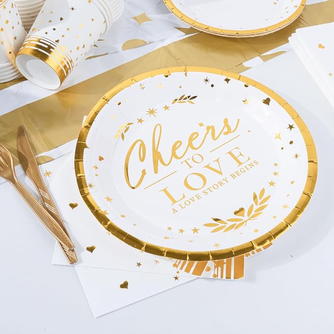 151 Counts 'Cheers to love' Gold Dinnerware and Tablecloth Set for Bridal Shower, Engagement, Wedding, Party Decorations, Elegant Tableware Set Includes Plates, Napkins, Cups, Tablecloth, Knives, Fork
