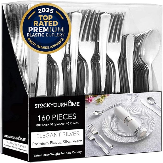160 Pack Silver Plastic Cutlery Disposable Silverware - 80 Forks, 40 Knives, 40 Spoons - For Catering, Parties, Dinners, Weddings, and Everyday Use, Stock Your Home