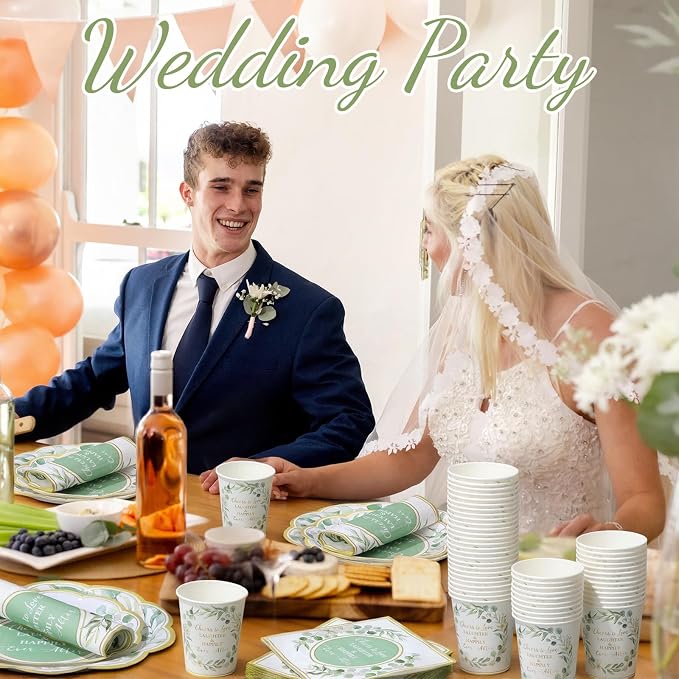 Funnymoom 250 Pcs Eucalyptus Leaves Bridal Shower Party Decorations Sage Green Cheers to Love Paper Plates Napkins Cups Disposable Tableware Set for Wedding Engagement Party Supplies, Serves 50