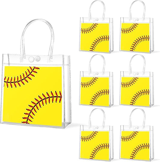 Lonfliness 24Pcs Clear PVC Gift Bags with Handles Bulk 8 x 8 x 3In Sport Theme Goodie Treat Candy Bags Team Wrap Tote Bag for Boys Birthday Party Baby Shower Decors Supplies (Softball)