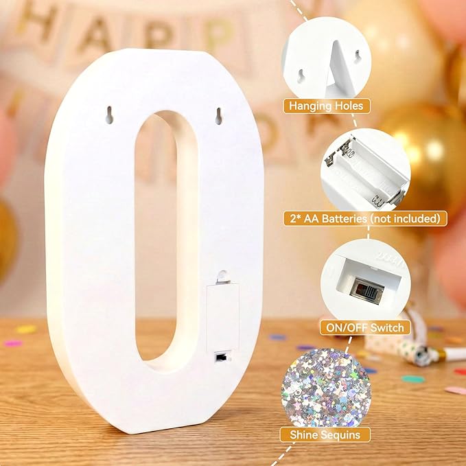 12.6 Inch LED Silver Marquee Light Up Numbers, Birthday Decorations Number Lights as Gifts for Girls Women Men, Glitter Lighted Marquee Numbers for Silver Anniversary Party Table Decor, 0