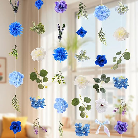 Livole 6Pcs 36Ft Hanging Flower Garland with Bow Blue Wildflower Garlands Backdrop Silk Rose Fake Floral Vines with Hooks for Spring Party Wedding Birthday Anniversary Arch Wall Garden Decor