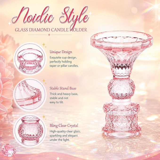 Sieral 24 Pcs Pink Taper Candle Holders 4'' Tall Candlestick Glass Holders Bulk Crystal Decorative Stand Wedding Stick Holder for Anniversary Party Dining Table Festival Decor