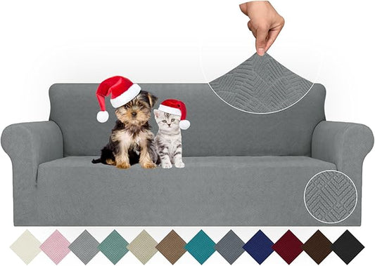 JIVINER Stretch Sofa Covers 1 Piece Couch Covers for 3 Cushion Couch Sofa Cover, Universal Living Room Slipcovers Furniture Protector with Elastic Bottom for Kids, Pets (Large, Light Gray Rhomb)