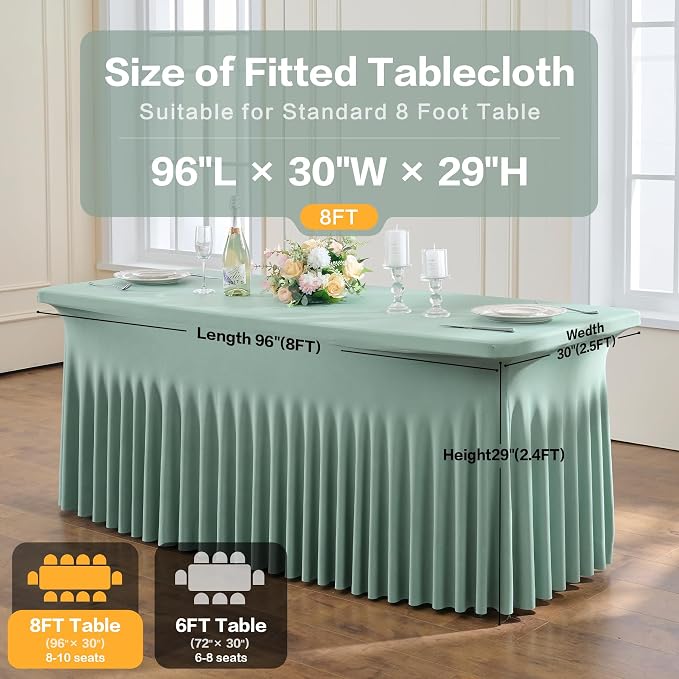 leegleri 2 Pack Sage Green Spandex Fitted Table Clothes for 8 Foot Rectangle Tables, Wrinkle Free 8ft Fitted Table Cover, Spandex Table Skirt for 8FT Rectangle Tables-for Banquet Weddings Parties