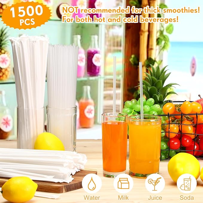 Hoolerry 1500 Pcs Plastic Straws Disposable Individually Wrapped Drinking Straight Long Straws, 0.24" Wide, for Hot and Cold Beverages (10.25 Inch)