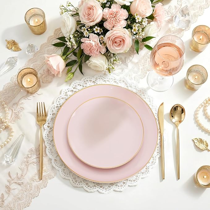 I00000 150 PCS Pink Plastic Plates for Party,Heavy Duty Pink Disposable Plates,Gold Dinnerware Set Include 30 Dinner Plates,30 Dessert Plates,30 Gold Plastic Silverware Set for Mother's Day