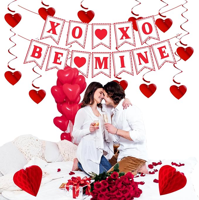 Galentines Party-Decoration Valentines-Day Heart Garland - 25pcs Red Paper Streamers Honeycomb Fans XOXO BEMINE Banner, Anniversary Baby Shower Wedding Love Hanging Supplies Decor Hugfond