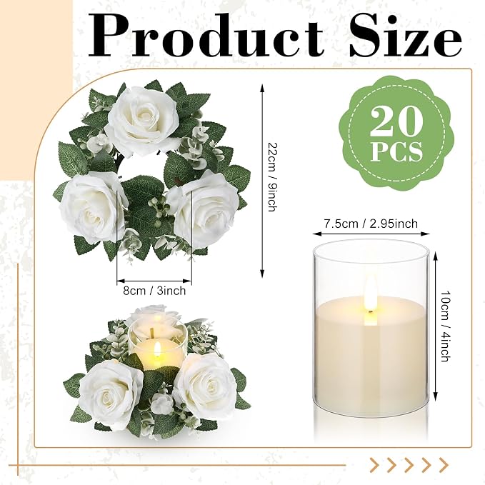 Yunlly 20 Pcs Rose Candle Rings with Flameless Candles Sets, Artificial Flower Eucalyptus Wedding Centerpiece 3 Inch Pillar Candleholders Wreaths for Wedding Party Mother's Day (White)