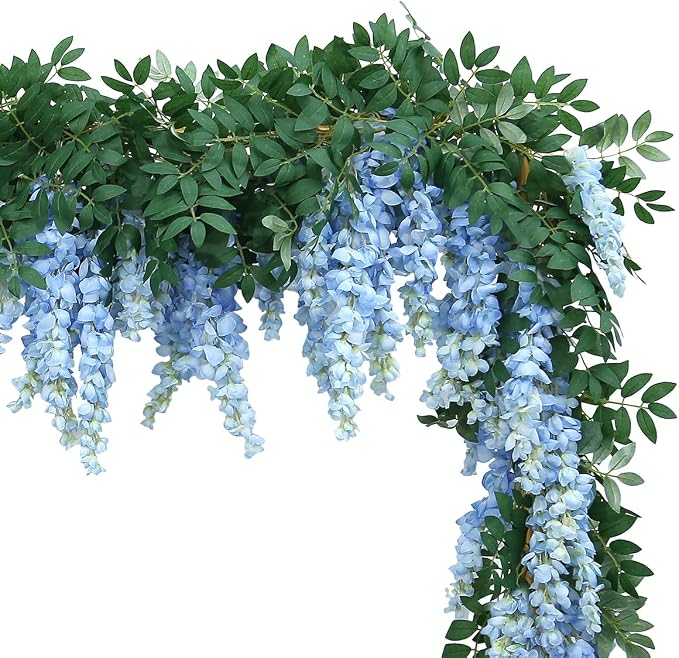 1pc/2pcs Encrypted Flower Vine Wisteria Artificial Flowers Garland,White Wisteria Hanging Flowers Flower Garland Decorations for Home Garden Outdoor Ceremony Wedding Arch Decoration (Blue, 2pcs)