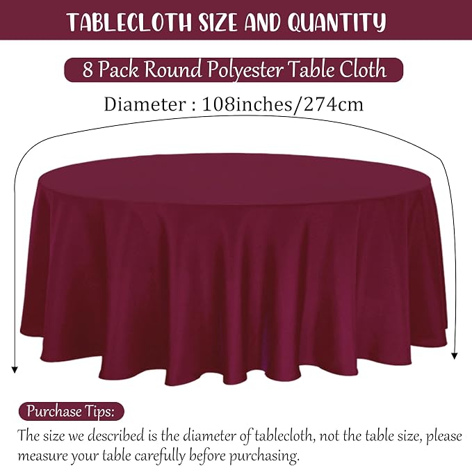 Fivenl 8 Pack Premium Round Tablecloth 108 Inch Round Table Covers Bulk Washable Polyester Fabric Round Table Clothes for Wedding Party Reception Banquet Buffet Restaurant (Burgundy, 108 Inch)