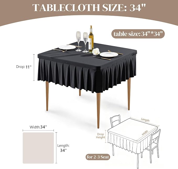 Wish Care 2 Pack Black Spandex Tablecloths for 34x34 Inch Square Tables, Stretch Fitted Table Clothes with Pleated Ruffle Skirt for 34” Table, Wrinkle Free and Elastic, for Party Kitchen Home Dining
