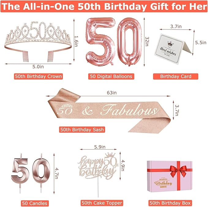 50th Birthday Decorations Women, Include 50th Birthday Sash and Tiara, Cake Topper and Candles, Number Balloons, 50 Year Old Gifts for Women